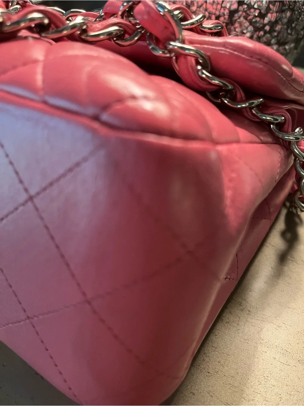 CHANEL Jumbo Quilted Double Flap Shoulder Bag in Hot Pink with Silver Hardware